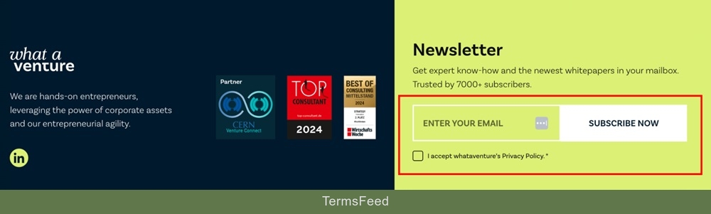 Newsletter signup process on the What A Venture website featuring a check box for accepting the website's Privacy Policy