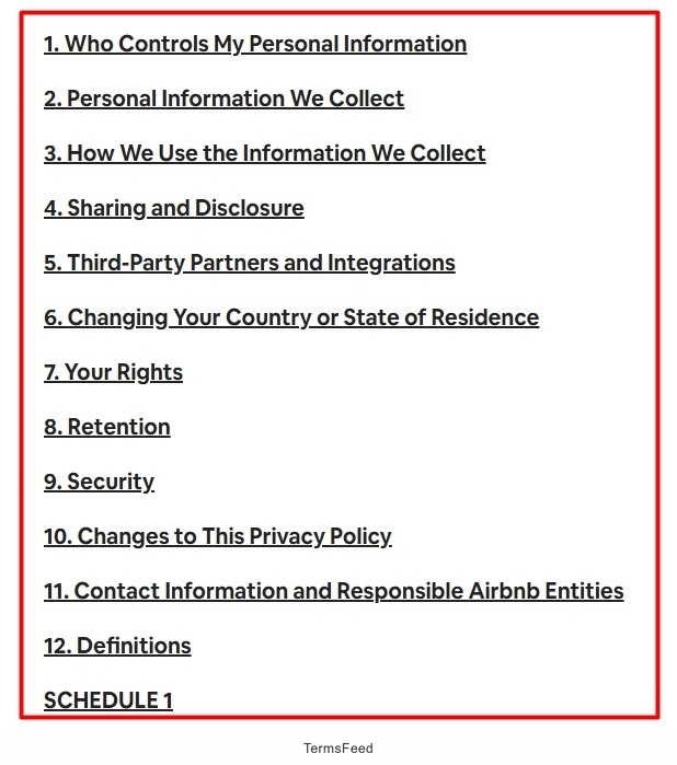 Table of Contents in Airbnb Privacy Policy