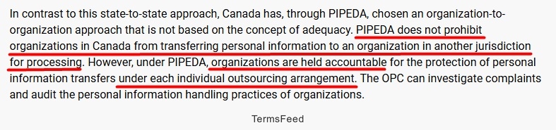 Canada PIPEDA: Company is responsible for personal data