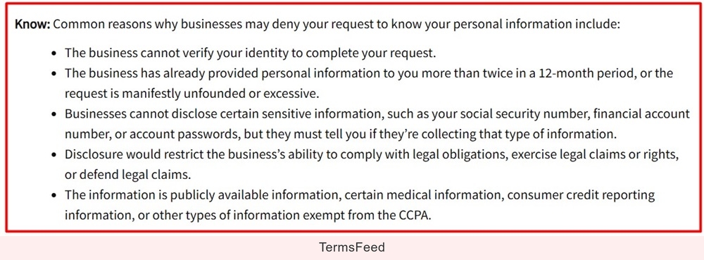CCPA Agency Website: How businesses can deny privacy requests
