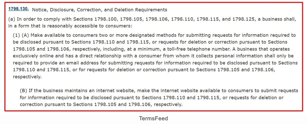 CCPA Section 1798.130: Businesses must provide reasonable accessible methods for privacy requests