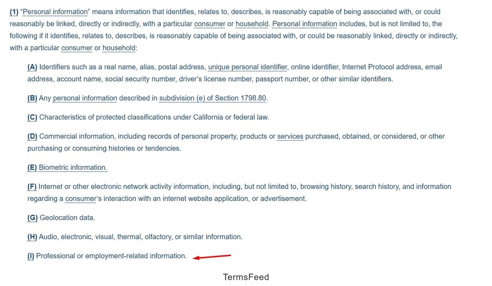 CPRA Section 1798.14: Professional and Employment Information is part of the Personal Information Definition