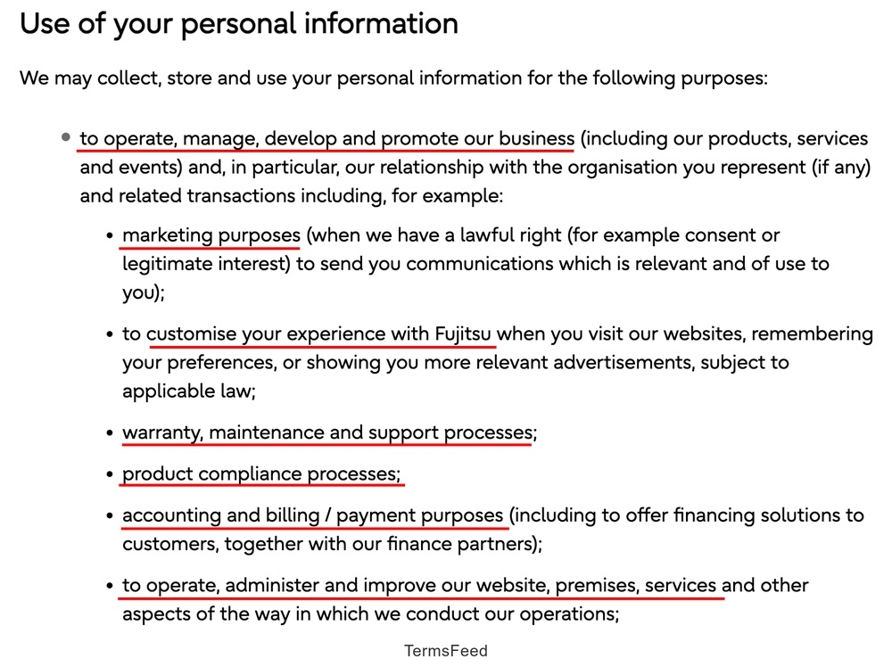 Fujitsu Privacy Policy: Use of Personal information