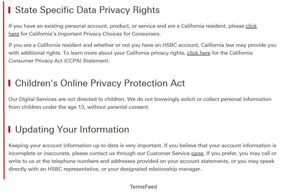 HSBC Online Privacy Statement: State Specific Privacy Rights