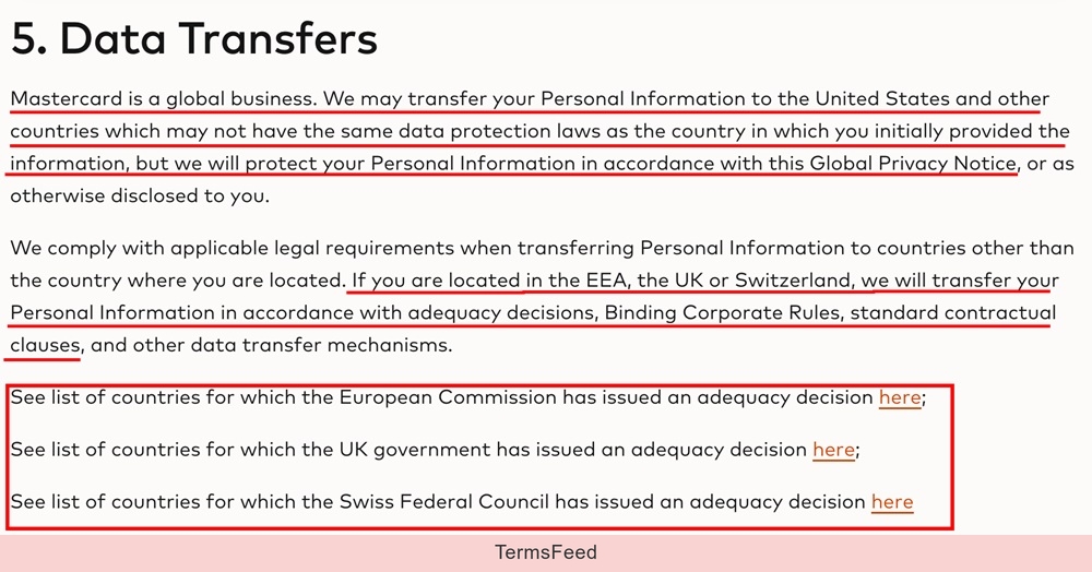 Mastercard Privacy Policy: Data transfers