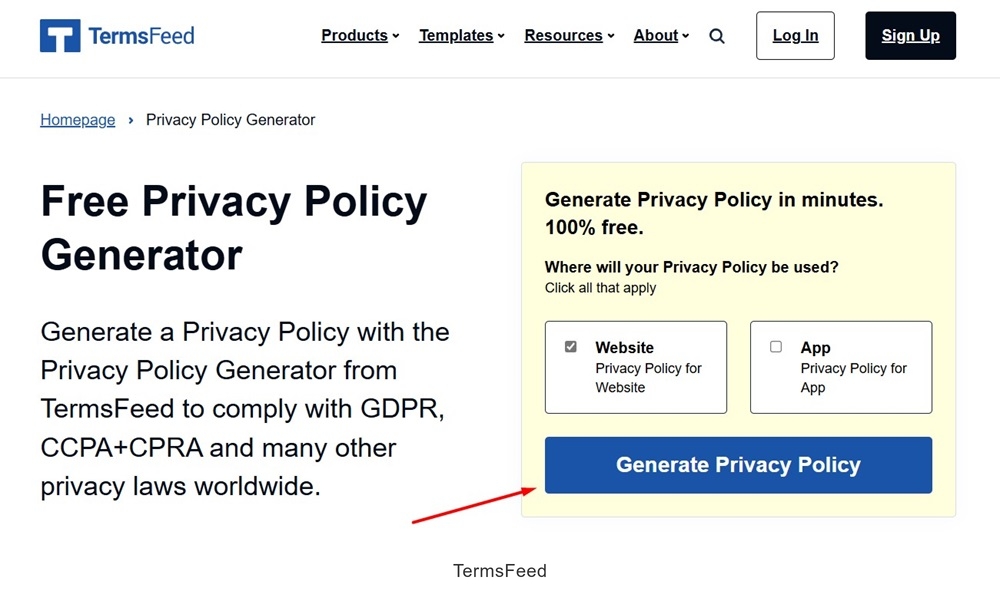 TermsFeed Privacy Policy Generator Landing Page from 2025