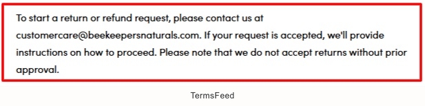 Beekeepers Naturals Terms: Return and refund approval email clause