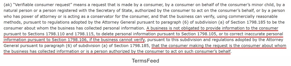 CCPA Section 1798.140(ak): Definition of verifiable consumer request