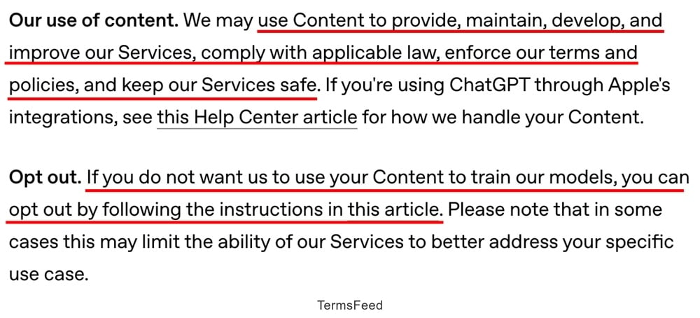 Excerpt from ChatGPT's Terms and Conditions outlining the use of content