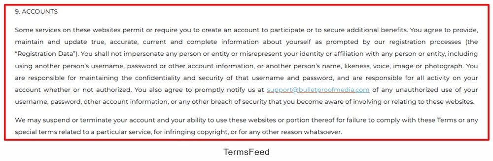 Dave Aspey Terms of Service: Accounts clause