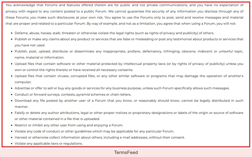 Dave Aspey Terms of Service: Forum prohibited uses clause