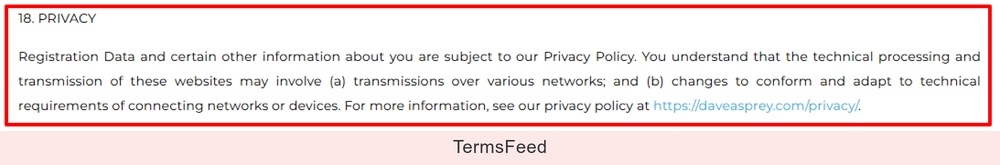 Dave Aspey Terms of Service: Privacy clause