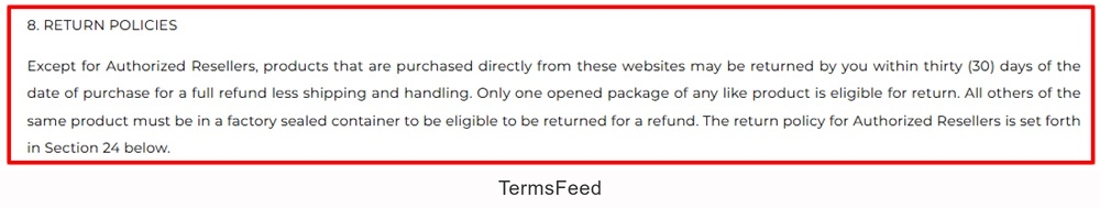 Dave Aspey Terms of Service: Return policies clause