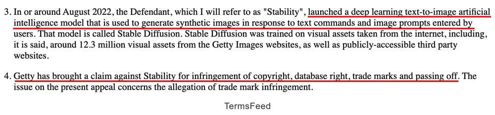 An excerpt from the Getty Images vs Stability AI case, discussing copyright infringements