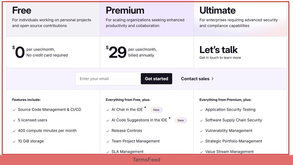 Screenshot of the GitLab Pricing page