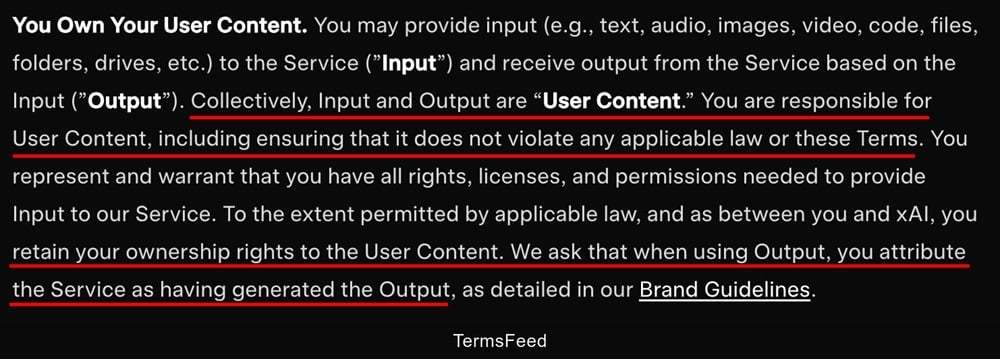 Excerpt from Grok's Terms and Conditions clarifying management of user content