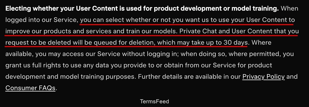 Excerpt from Grok's Terms and Conditions clarifying user content in product development
