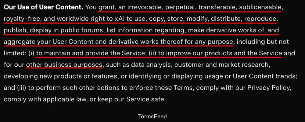Excerpt from Grok's Terms and Conditions clarifying use of user content