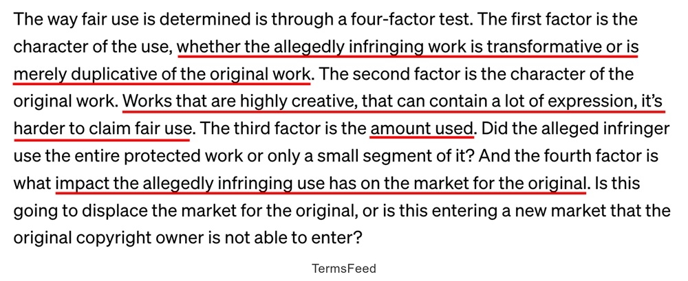 Harvard Law School's discussion on the factors of 'fair use' in copyright infringement lawsuits related to AI