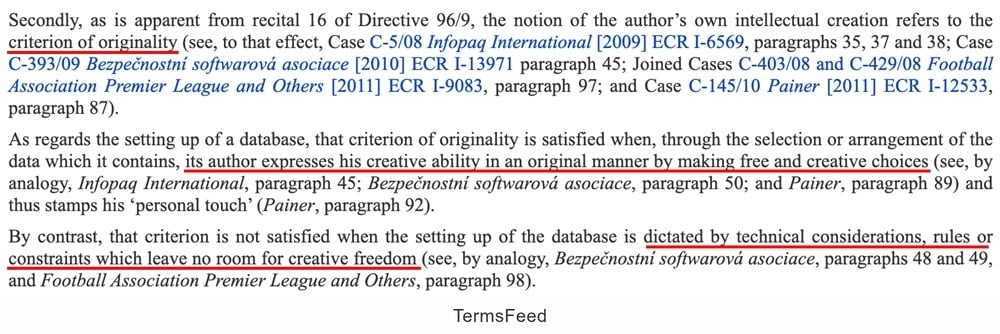 Excerpt of the legal case wording, highlighting the relationship between technical processes and creativity for AI models