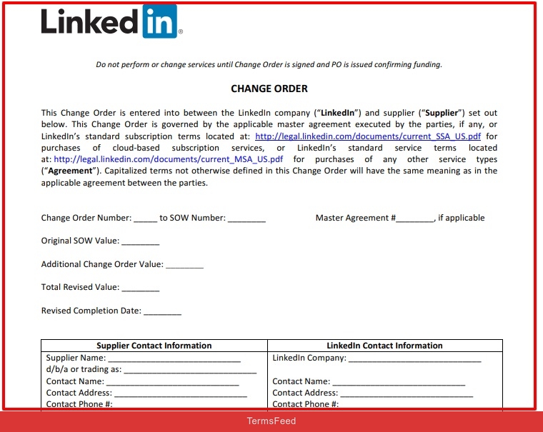 LinkedIn Change Order Form excerpt