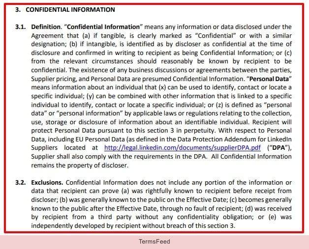 LinkedIn MSA: Confidential information clause excerpt