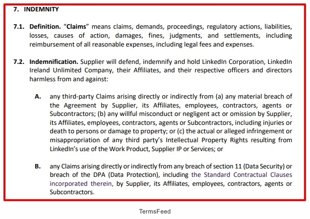 LinkedIn MSA: Indemnity clause excerpt