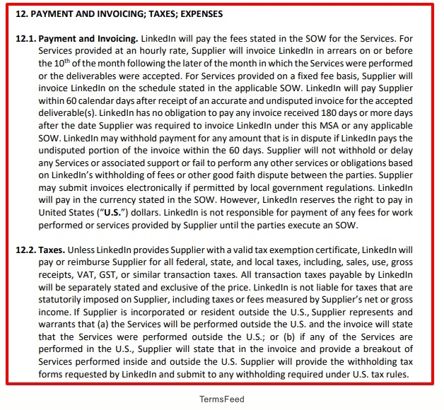 LinkedIn MSA: Payment invoicing taxes and expenses clause