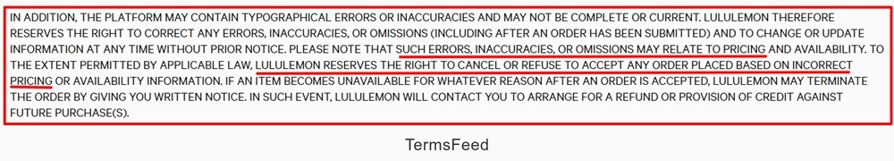 Lululemon Terms: Pricing error clause