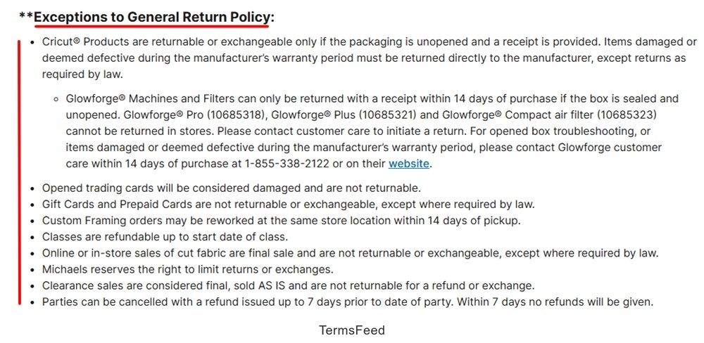 Michaels Returns: Exceptions section