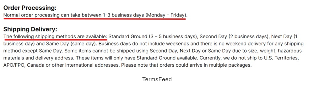 Michaels Shipping Policy excerpt
