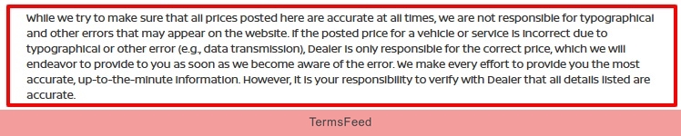 Middletown NIssan Pricing error disclaimer