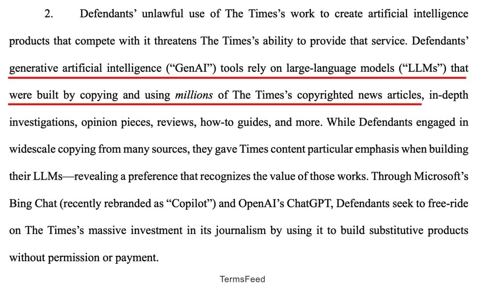 Lawsuit document excerpt: New York Times vs Open AI and Microsoft, related to copyrighted material