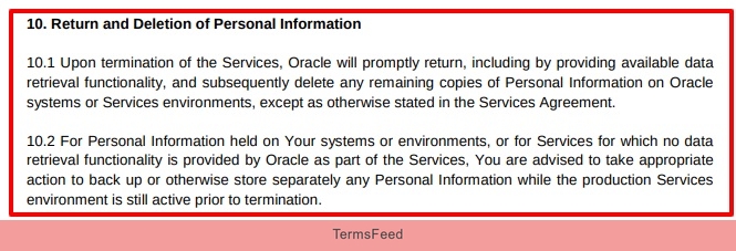 Oracle DPA: Return and Deletion of Personal Information section