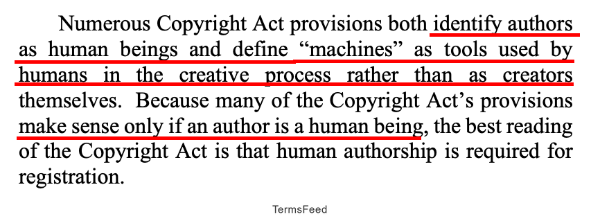Portion of the Thaler v. Perlmutter case, emphasizing authorship requirement for copyrights