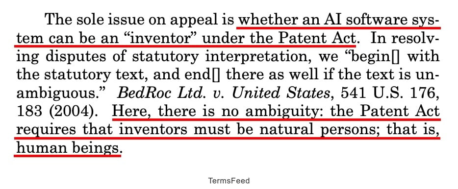 Court's wording from the Thaler v. Vidal case, highlighting patent requirements for AI