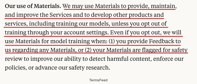 Anthropic's Terms of Service explaining how input and output are used for model training