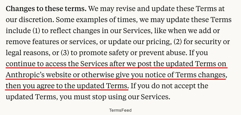 Anthropic's Terms of Service referring to updates