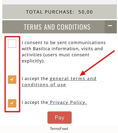 Basilica Agree checkboxes with Terms highlighted