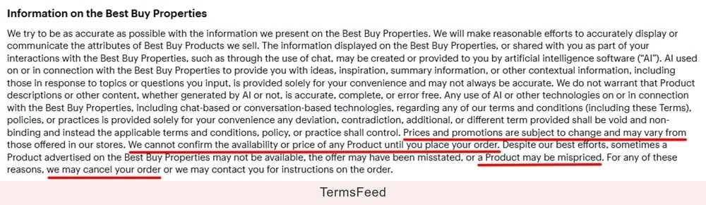Best Buy Terms and Conditions: Mispriced product and cancel order clause excerpt