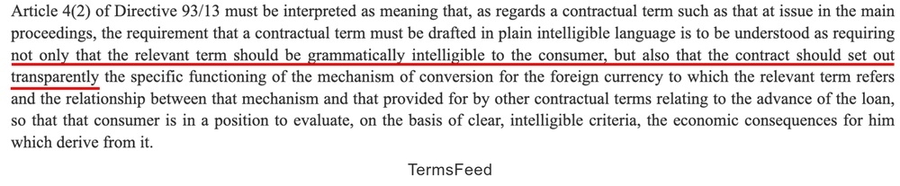 ECJ case under Unfair Terms Directive says that B2C Contract must be transparent