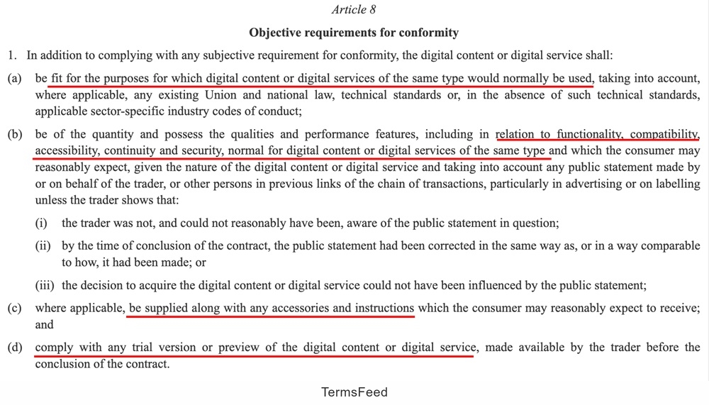 Europe DCD - Article 8 - Objective requirements for conformity clause - excerpt