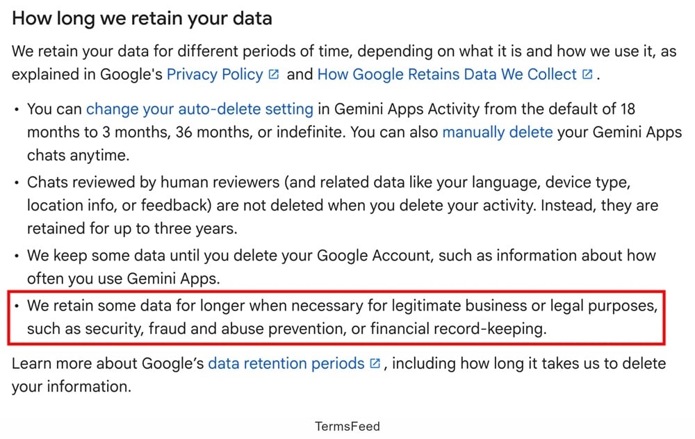 Gemini Apps Privacy Notice: How Long Personal Data is Kept