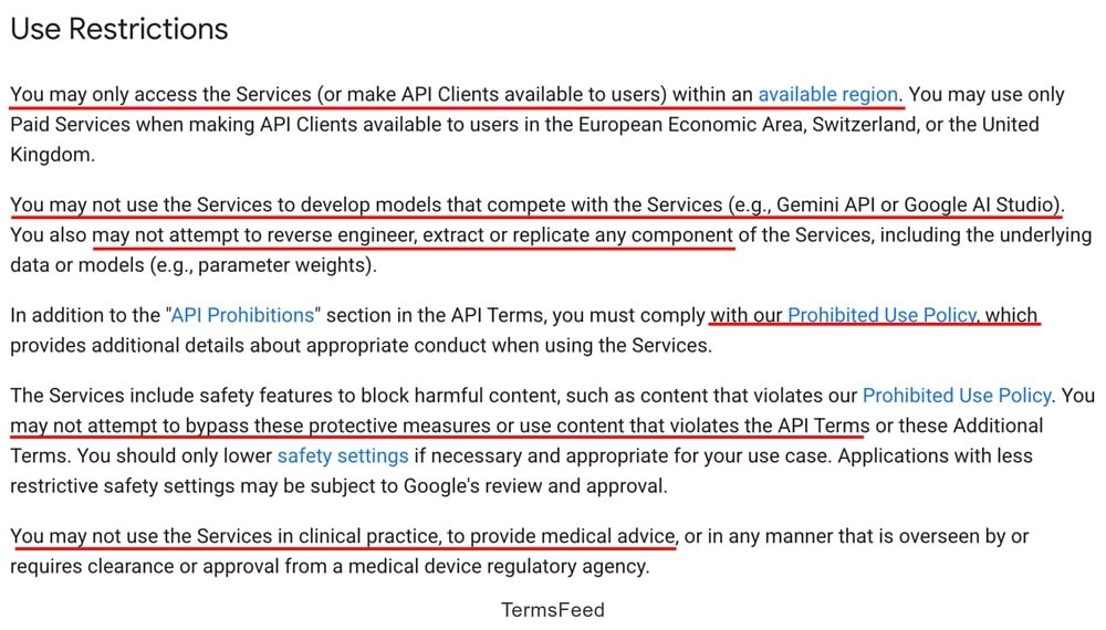 Google Gemini's use restrictions as per Additional Terms of Service