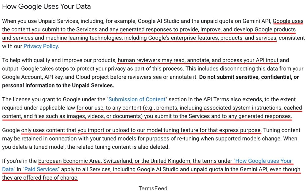 Google Gemini API's usage limitation clause screenshot
