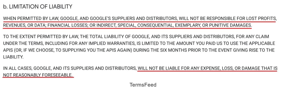 Google's Gemini's API Terms showcasing limitation of liability clause