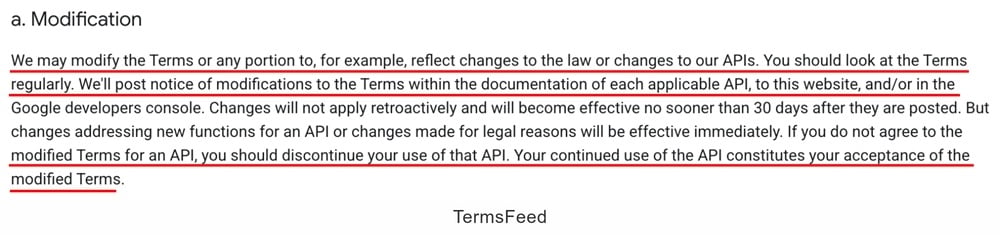 Google's Gemini's API Terms indicating how updates are handled