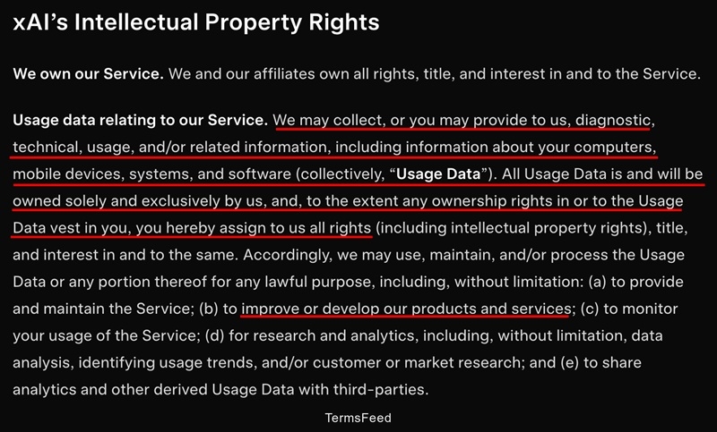 Grok xAI Terms of Service screenshot highlighting IP ownership clause