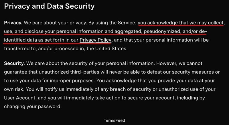 Image of xAI's Terms of Service about data privacy and security