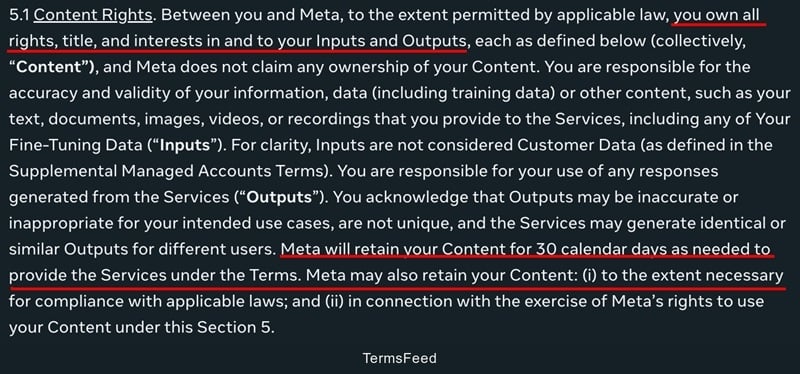 Meta AI Terms of Service screenshot focusing on IP rights